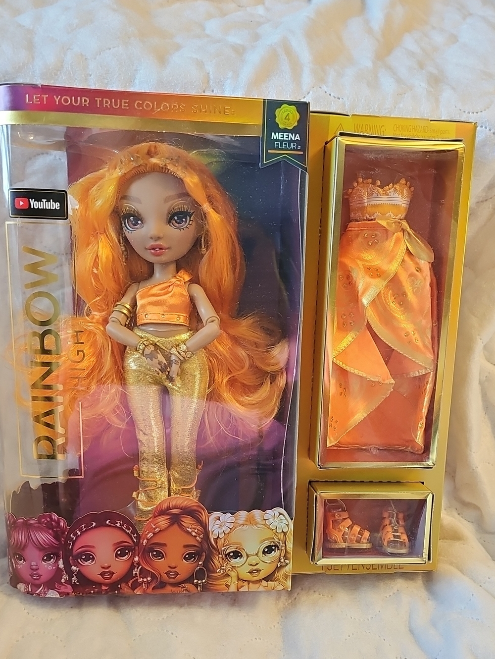 Meena Fleur Orange Fashion Doll with Gold Outfit and Extra Gown